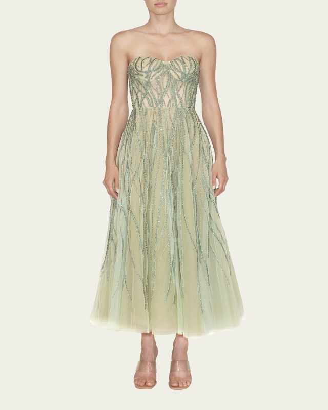 Bead-Embellished Strapless Tea Length Dress